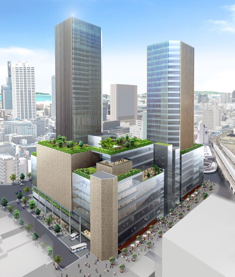 「新たなバスターミナル（北東から見る建物外観）」事業協力者が作成したもので、そのまま実現されると決まったものではありません。※神戸市提供
