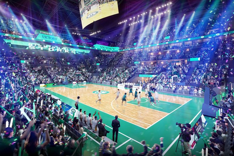 「神戸アリーナ（仮称）」バスケットボール試合イメージ※事業提案時のイメージのため、変更の可能性があります。